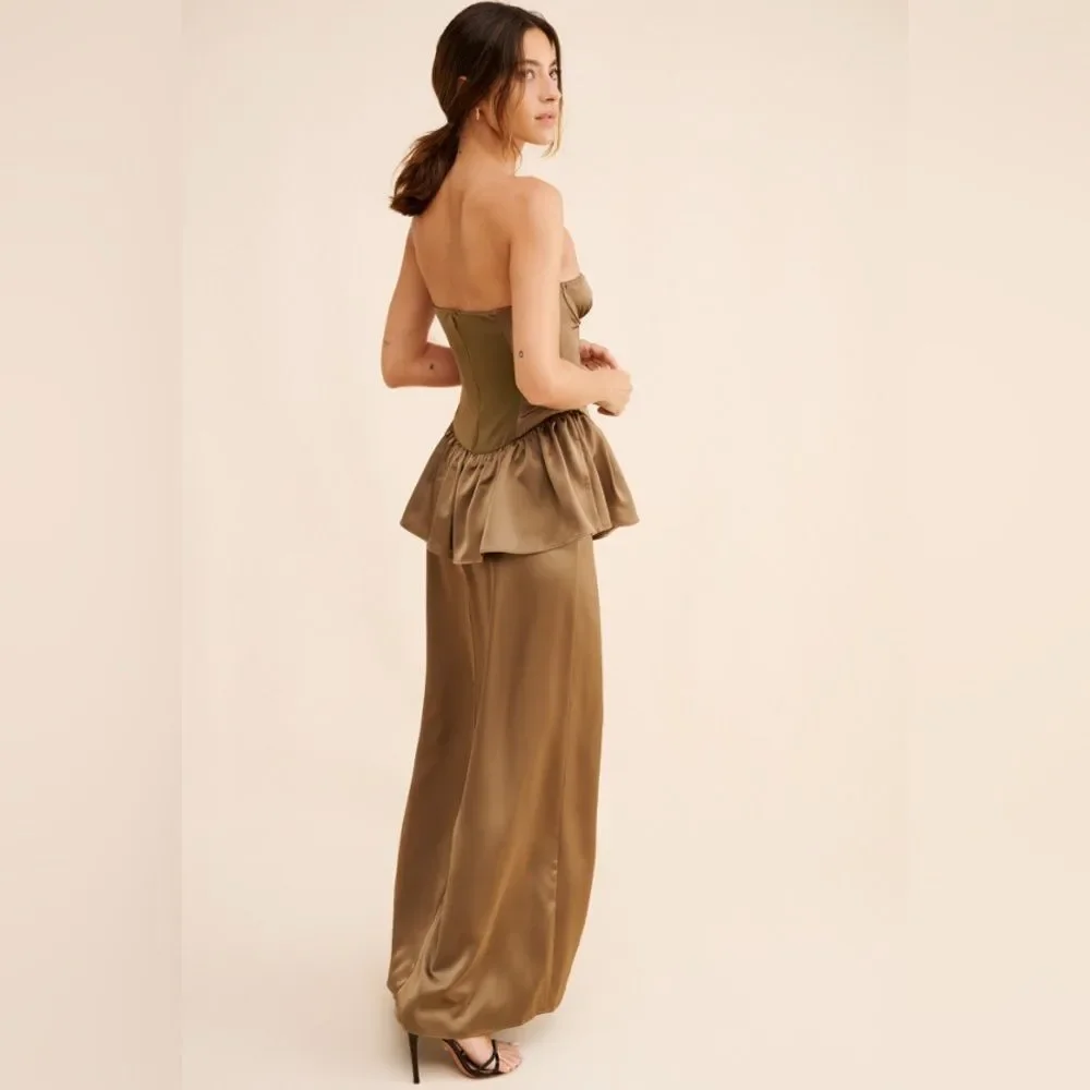 WeWoreWhat Strapless Corset Peplum Maxi Dress Brown 0 - Picture 2 of 10